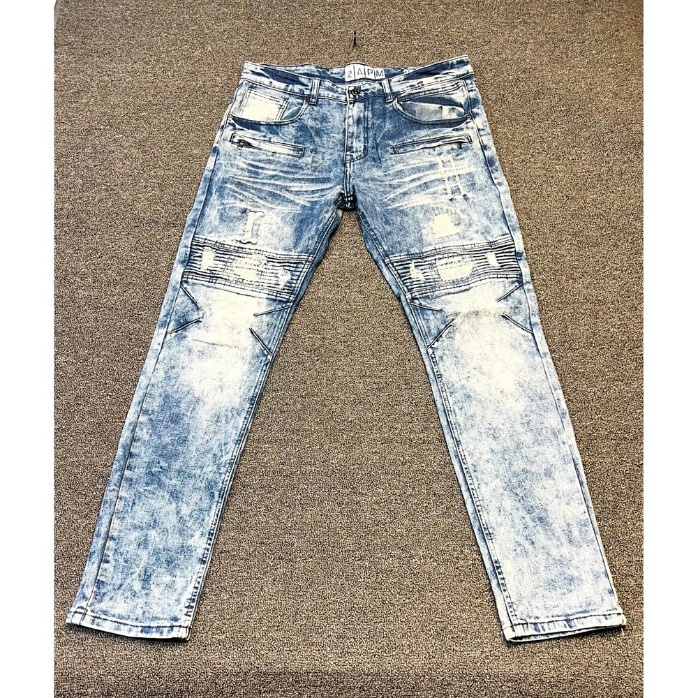 2APM Jeans Biker Mens 36x32 Blue Cotton Stretch Ripped Distressed Streetwear